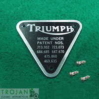 ALLOY PATENT PLATE WITH SCREWS, TRIUMPH, GENUINE, 70-4016, 60-4255