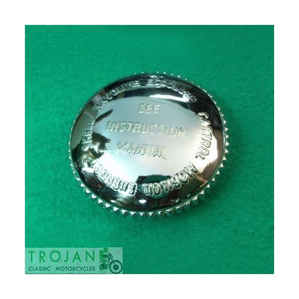 OIL TANK CAP, CHROME, BSA, B, C, M SERIES, SCRIPTED, 65-8500 C 65-3364, 65-8560
