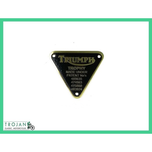 BRASS PATENT PLATE BADGE, TRIUMPH, PRE UNIT, 5T TROPHY TWIN, GENUINE, 70-2876 B