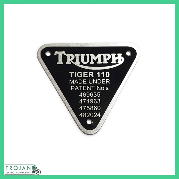 PATENT PLATE BADGE, TRIUMPH, PRE UNIT, T110 TIGER, GENUINE, 70-2910, E2910