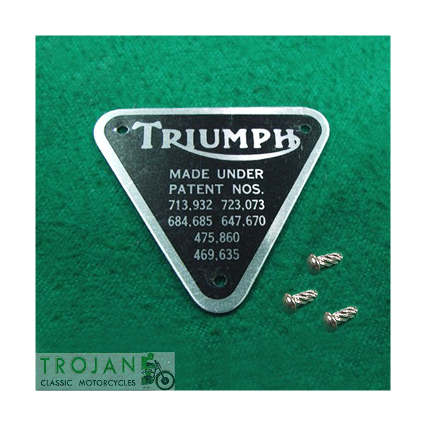 ALLOY PATENT PLATE WITH SCREWS, TRIUMPH, GENUINE, 70-4016, 60-4255