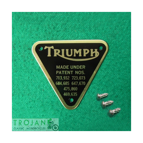 BRASS PATENT PLATE WITH SCREWS, TRIUMPH, GENUINE, 70-4016 B, 60-4255