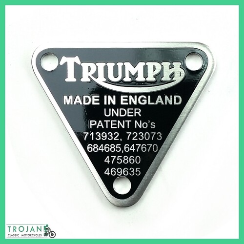 PATENT PLATE BADGE, TRIUMPH, TRIPLE, T150, T160, GENUINE NOS, 70-8762