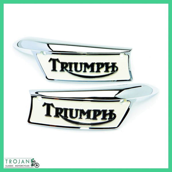 TRIUMPH PETROL TANK BADGES, SUIT SLIMLINE TANK 1967 ON (PAIR) 82-9700, 82-9701 P