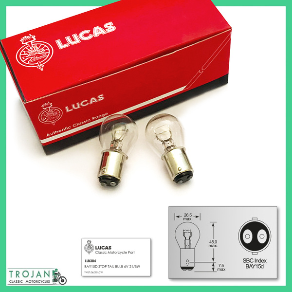 GENUINE LUCAS 6V STOP TAIL LIGHT BULB, 21/5W, 384, LL384T, BAY15D (PAIR)